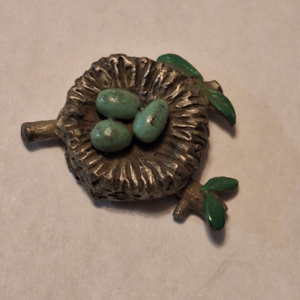 Pewter Miniature Bird Nest On A Limb With Three Blue Eggs
